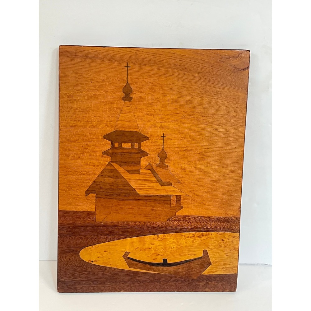 Vintage Wood Marquetry Wall Art Russian Orthodox Church and Boat Inlay Folk Art